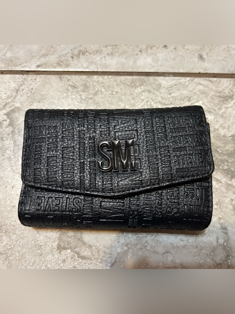 Steve Madden Black Embossed Logo Trifold Wallet with SM Emblem